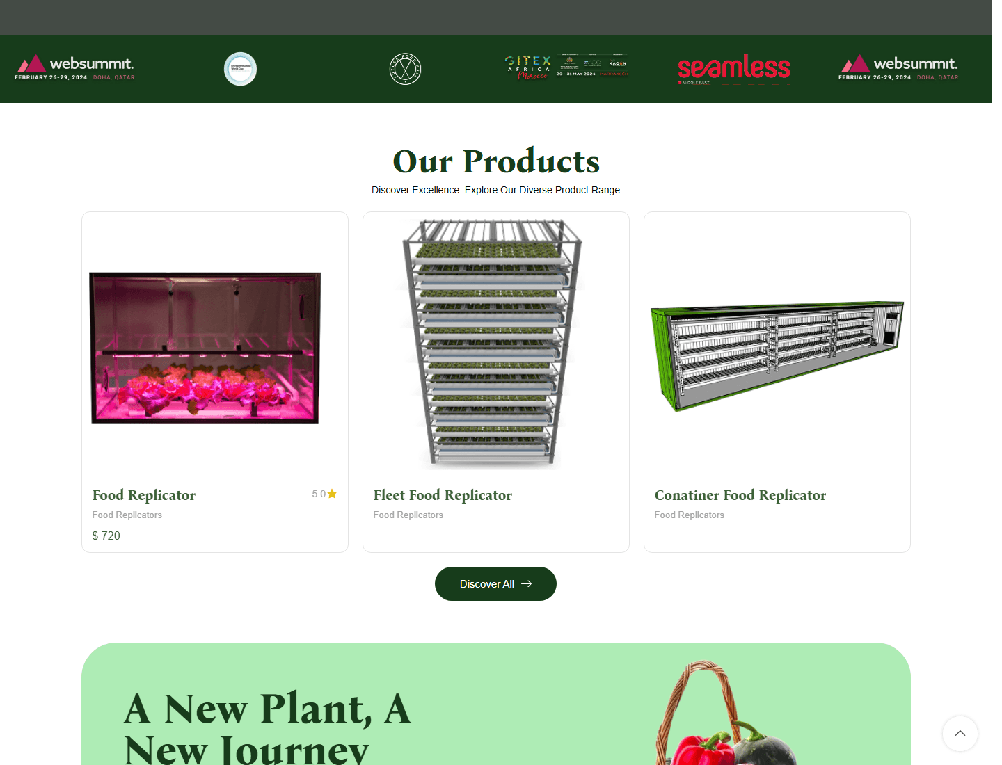 TerraGrow products section showing hydroponic food replicator products on the official website.